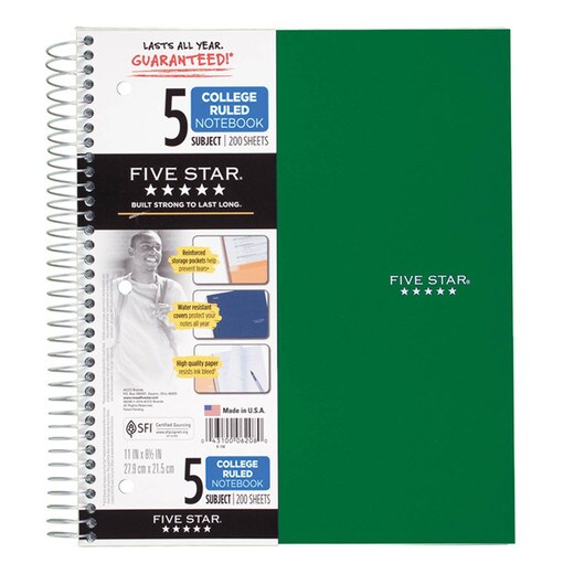 Five Star Notebook - 5 Subject - Green
