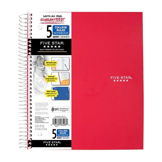 Five Star Notebook - 5 Subject - Red