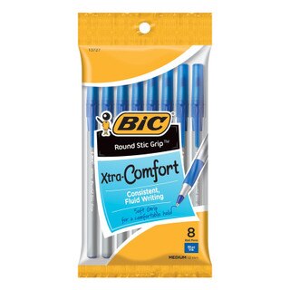 BIC Round Stic Grip Xtra Comfort Ballpoint Pens - Blue - 8 Pack