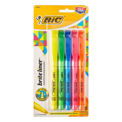 BIC Brite Liner Fluorescent Highlighters, Assorted Colors, Chisel Tip -  4/Set 