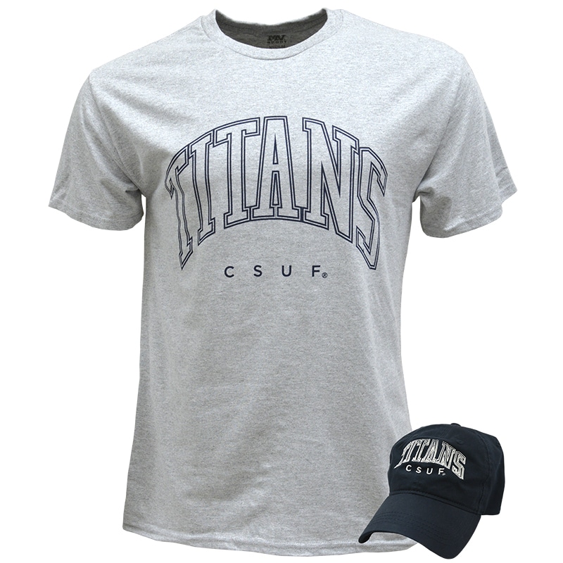 gray t-shirt and navy blue cap
