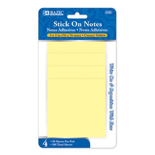 Bazic Stick On Notes - 4 Pack - Canary Yellow
